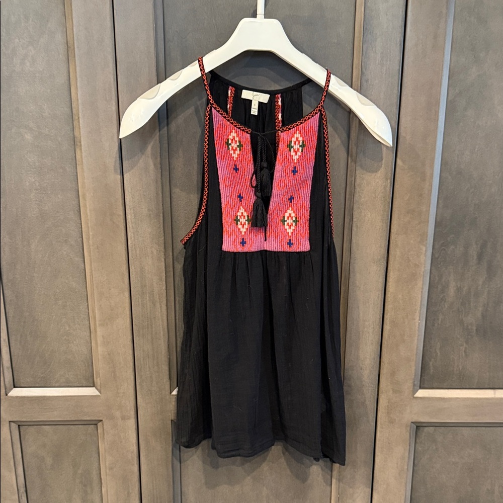 Joie Black Top with Red and Pink Embroidery